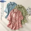 Chemisiers Femme Japon Filles Mignon Doux Tops Imprimé Floral Vert Rose Rétro Vintage Manches Courtes Chemises Boutonnées