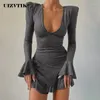 Vestidos casuales Sexy Deep V Neck Ruffle Mini vestido asimétrico Mujer Seda brillante Manga de mariposa Slim Wrap Elegante Bodycon Partywear