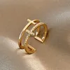 Band Rings Trendy Minimalist Gold Color Cross Rings Geometric Double Layer Open Adjustable Finger Ring For Women Party Wedding Jewelry Gift J230719