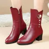 Botas femininas 2023 inverno mais veludo quente salto alto feminino moda cano médio único vermelho preto sapatos femininos