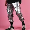 Men's Pants Casual Leather Harem Pant Male Streetwear Hip Hop Punk Silver Multi Pocket Cargo Trouser Stage Clothes DJ Singer Pant Men 230718