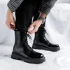 Stövlar italienska varumärkesdesigner herrmode patent läder svart snygga plattformskor snörning cowboy boot hög botas maskulinas