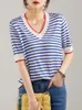 女性用TシャツvネックシンニットTシャツ女性ヒットカラーパッチワークストライプティーショナルスリーブサマートップ韓国ファッションレディース衣類230718