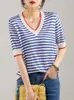 Camiseta de mujer Cuello en V Camiseta de punto fino Mujeres Hit Color Patchwork Rayas Camisetas Manga corta Verano Tops Moda coreana Ropa de mujer 230718