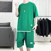 Herrspårar Summer Fashion Tracksuit Solid Waffle 2st Set Casual Short Sleeve T Shirts and Shorts