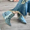 Buty plisowane dżinsowe buty kostki damskie w 2023 r. Jesienna jesienna palca gęste wysokie obcasy kowbojski but damski Plus size 42 Blue dżinsy buty Botas Z230719