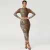 Casual Jurken Sexy Club Bodycon Leopard Jurk 3D Tijgerprint Mock Lange mouw Slank Party Streetwear Halverwege de kuit