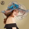FS 2019 Pink Kentucky Derby Hat for Women Organza Sun Hats Flowers Elegant Summer Stora Wide Brim Ladies Wedding Church Fedoras Y2293Q