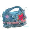 Borse a tracolla Hip Hop Borsa da donna Borsa in denim morbido Fibbia per cintura Y2k Spice Girls Pink Pentagram Patch Design Nappe Raw Edge Crossbody