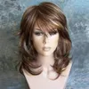 Medium Side Bang Highlighted Layered Slightly Curled Brown Hair Synthetic Wig202e