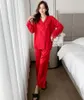 Indumenti da notte da donna rosso con scollo a V in pizzo manica intera pantalone 2 pezzi pigiama set primavera autunno seta finta biancheria da notte matrimonio intimo abbigliamento da casa