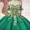 Lśniące zielone sukienki Quinceanera suknia balowa złote koronkowe aplikacje koraliki formalne księżniczka vestidos de 15 anos gorset