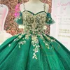 Abiti da Quinceanera verde scintillante Abito da ballo Appliques in pizzo dorato Perline Principessa formale Abiti da 15 anni Corsetto Indietro