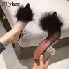 Sandalen Eilyken Sommer Damen Pump PVC Transparent Feder Plexiglas Kristall High Heel Pelz Zehen Mule Slide Damen Slide Schuh 230718