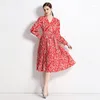 Robes décontractées élégantes chinois couleur rouge à manches longues femmes printemps été à la mode col en v grande balançoire ruché tunique Floral loisirs Vestidos