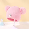 Cappello a doppia sfera per bambini in lana tinta unita in acrilico Cappello lavorato a maglia con etichetta in tessuto per bambini autunno e inverno DH057