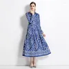 Casual Dresses Temperamental Blue Color Floral Mid Length Spring For Female Big Swing Corest Long Sleeve Office Lady Vestidos With Belt