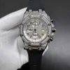 High quaility men quartz watch Chronograph full works Diamonds silver case 42mm Diamonds face Black rubber strap