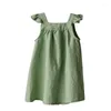 Kız Elbiseler Kız Kız Kız Yeşil Açık Pembe Keten Pamuk Petal Kollu Kısa 2023 Yaz Günyünleri Tek Düğme Elbise