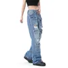 Jeans da uomo Moda retrò Tasche 3D Cargo Gamba larga Pantaloni jeans svasati lavati vintage strappati Hip Hop blu
