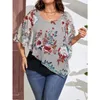 T-shirt grande taille pour femme châle en mousseline de soie faux deux pièces t-shirts grande taille décontracté col rond impression florale demi-manche volants pull ample haut femme 230719