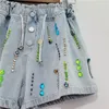 Damen Jeans Sommer Ladies Diamant Perlen Kurzhilfe hellblau Denim Shorts 2023 Loose Wide Bein Jean für Frauen