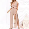 Women's Two Piece Pants Long Set European And American Leaf Sleeveless Top Summer Exposed Navel Split Wide Leg