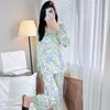 Женская одежда для сна весна сексуальная сексуальная цветочная печатная атласная лацка для домашней одежды с длинными рубашками брюки ночная одежда Женская ледяная шелк домашняя одежда пижама
