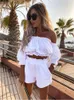 Women's Tracksuits Women Summer Shorts 2 Pieces Outfits 2023 White Off-Shoulder Short Sleeve Wrap Crops Tops And High Waist Cotton/ Set