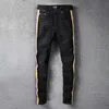 Schwarz Slim Ripped Mode Marke Jeans Hosen Casual Hip Dance Vier Saison Streetwear Gelb Lila Gestreiften Männer Men's253P