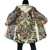 Men's Wool Blends 2023 Winter Fashion Mens cloak Samurai Oni Mask Tattoo 3D Printing Thick Fleece Hood cloak Unisex Casual Warm Cape coat HKD230718