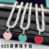 Marque originale TFF Love Bracelet de perles rondes pour femmes en argent sterling 925 en émail goutte coeur de pêche rouge bleu rose chaîne de bouddha trois couleurs