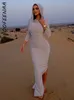 Urban Sexy Dresses BOOFEENAA Hooded Long Sleeves Fitted Dress for Women 2023 Elegant Back Slit Bodycon Maxi Street Style C82 CI40 230719