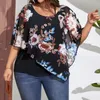 T-shirt grande taille pour femme châle en mousseline de soie faux deux pièces t-shirts grande taille décontracté col rond impression florale demi-manche volants pull ample haut femme 230719