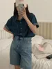 Blusas de Mujer, Camisa vaquera de manga corta a la Moda coreana, Blusa informal Vintage con cuello vuelto para Mujer, Moda 2023 para Mujer