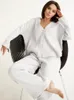 Women's Sleepwear Woman Pajama Set 2 Pieces Suits Drop Sleeves Loungewear Khaki Pure Cotton V Neck Single Breasted Wide Leg Pants