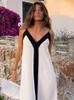 Basic Casual Dresse Loose Patchwork Suspender Long Dress Chic Sleveless Off Shoulder Vneck Dresses 2023 Summer Lady Holiday Beach Robe 230718