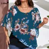 T-shirt grande taille pour femme châle en mousseline de soie faux deux pièces t-shirts grande taille décontracté col rond impression florale demi-manche volants pull ample haut femme 230719