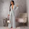 Women's Suits Collar Bow Tie Up Coat Long Pants Two Piece Sets Office Lady V-Neck Blazer And Wide Leg Suit