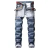 Men's Jeans High Quality Men Gray Denim Moto Biker Slim Male Pleated Stretch Long Jean Pants Large Size Patchwork252u