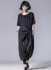 Women's T Shirts Women Black Asymmetric Chiffon Pleated Big Size T-shirt Round Neck Short Sleeve Fashion Spring Summer O229