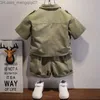 Clothing Sets Western style boys' clothing summer shorts army green button down lapel shirt multi pocket work clothes children's set ages 2-8 Z230719