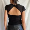 Camiseta Feminina Xeemilo Sexy Camiseta Preta com Decote Quadrado Sem Costas Y2K Malha Estética Transparente Crop Top Oco para o Verão Streetwear Camisetas de Manga Curta 230719