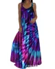 Casual Jurken Tie Dye Print V-hals Dikke Band Maxi Jurk Vrouwen Losse Lange Mouwloze Volledige Lengte Lente Zomer Hoge Taille