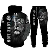 Agasalhos masculinos Cool Lion estampa 3D moletom conjunto de calças casual com capuz roupas esportivas roupas da moda femininas versáteis