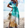 Vestidos casuais vintage floral elegante maxi vestido para mulheres 2023 moda verão decote em v manga curta dividido boho longo festa praia