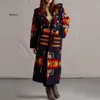 QNPQYX Nuovo modello vintage stampato maglioni cardigan lungo con cappuccio inverno caldo giacca a vento soprabito donna elegante tasca con bottoni cappotti Mujer