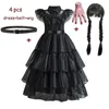 Flickans klänningar onsdag barnkläderflickor roll lek prinsessan klädflicka fest svart kläder halloween karneval kläder 3-8 år 230718