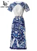 Robe deux pièces LD LINDA DELLA Summer Fashion Womens Party Long Manteau en cuir Loose TshirtBlue White Porcelain Print Plissé 230718