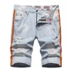 Herr shorts män neon sidor stripes denim shorts sommar målade hål rippade nödställda jeans knä längd byxor l230719